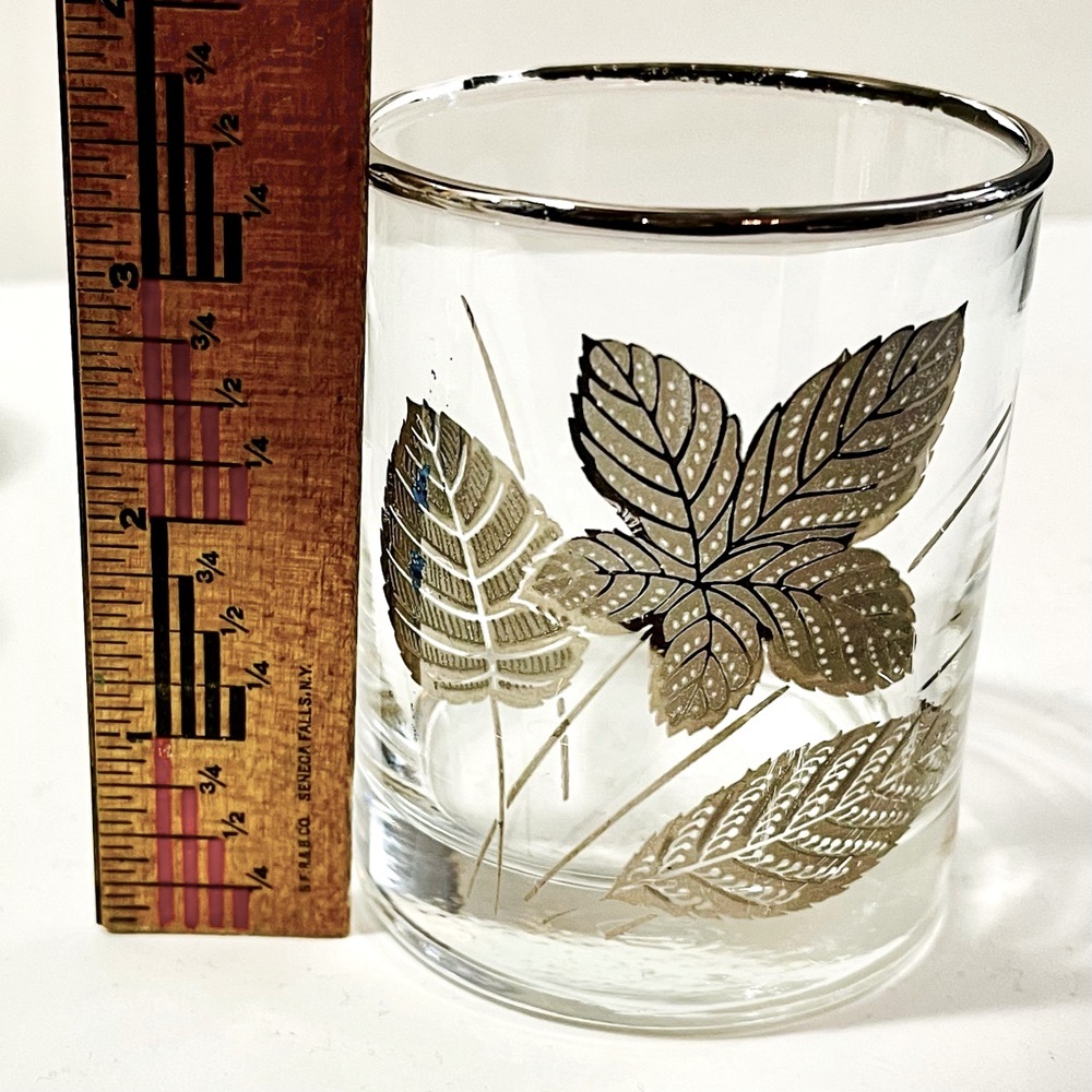 Libby MCM VTG Barware Rocks Glasses Set of 4 Tumblers Embossed Silver Leaves Rim - Picture 8 of 16
